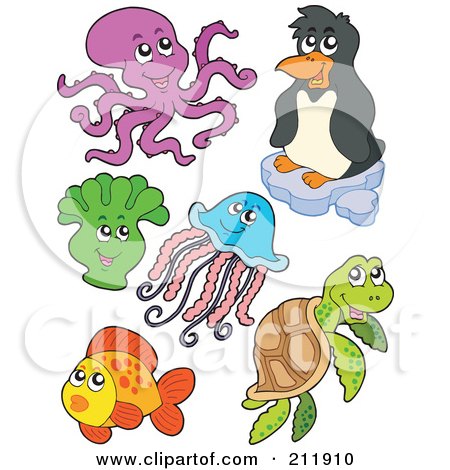 Royalty-Free (RF) Clipart Illustration of a Digital Collage Of An Octopus, Penguin, Anemone, Jellyfish, Sea Turtle And Fish by visekart