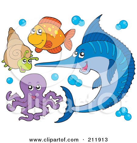 Royalty-Free (RF) Clipart Illustration of a Digital Collage Of A Marlin, Sea Snail, Fish And Octopus by visekart