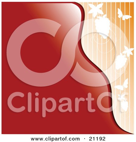 Clipart Illustration of a Red Waving Background With An Orange Striped Border Of Grapes On A Vine And Butterflies by elaineitalia