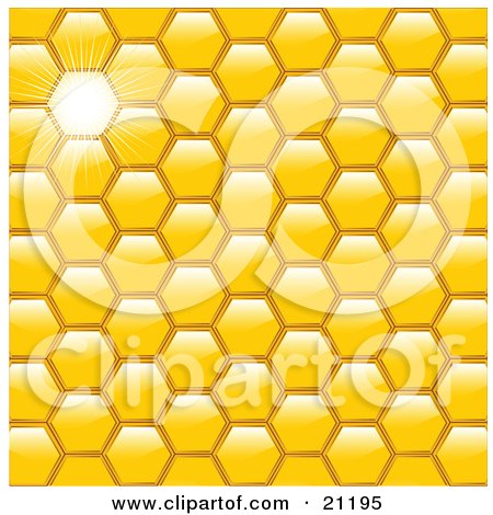 Clipart Illustration of a Yellow Honeycomb Patterned Background With A Bright Light Beaming Through One Space by elaineitalia