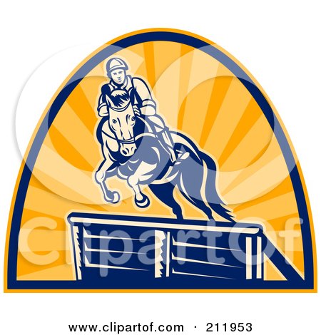 Royalty-Free (RF) Clipart Illustration of a Logo Of An Equestrian And Horse Leaping Over An Obstacle by patrimonio
