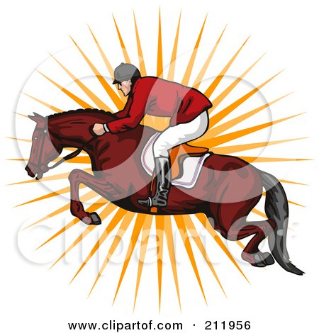 Royalty-Free (RF) Clipart Illustration of a Jockey Leaping On A Horse by patrimonio