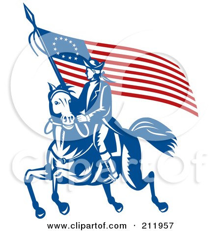 Royalty-Free (RF) Clipart Illustration of a Revolutionary War Soldier On Horseback With A Flag by patrimonio