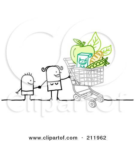 Royalty-Free (RF) Clipart Illustration of a Stick Woman Holding Hands With Her Kid And Grocery Shopping by NL shop