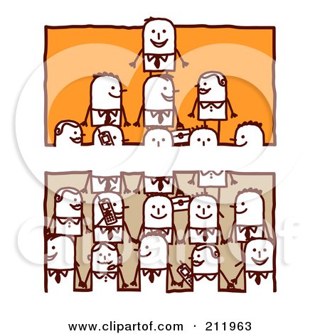Royalty-Free (RF) Clipart Illustration of a Split Orange And Tan Scene Of Stick Business Men Forming A Pyramid by NL shop