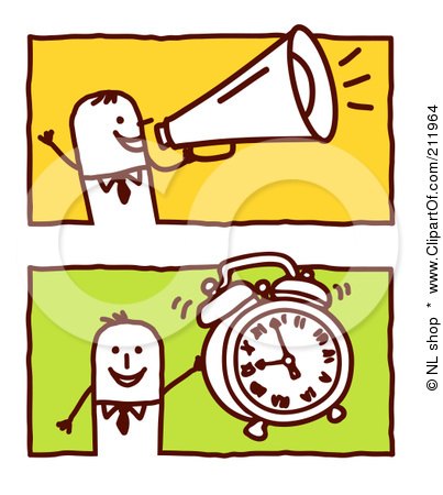 Royalty-Free (RF) Clipart Illustration of a Digital Collage Of Stick Business Men Announcing And Holding An Alarm Clock by NL shop
