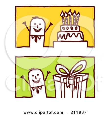 Royalty-Free (RF) Clipart Illustration of a Digital Collage Of Stick Business Men With A Birthday Cake And Present by NL shop