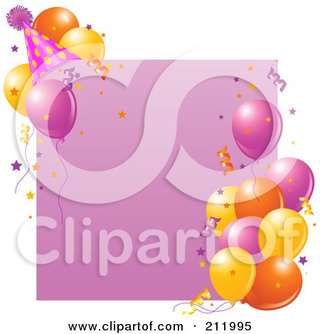 Royalty-Free (RF) Clipart Illustration of a Pink Birthday Party Sign With Balloons, A Party Hat And Confetti by Pushkin
