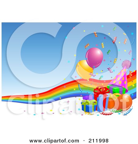 Royalty-Free (RF) Clipart Illustration of a Rainbow With Birthday Presents, Balloons And Confetti Over Blue by Pushkin