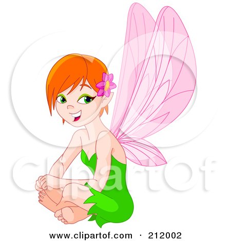 Royalty-Free (RF) Clipart Illustration of a Pretty Fairy Woman In A Green Dress, Sitting And Smiling by Pushkin