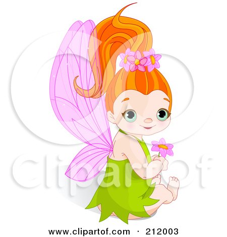 Royalty-Free (RF) Clipart Illustration of a Cute Fairy Girl In A Green Dress, Sitting With A Pink Flower by Pushkin