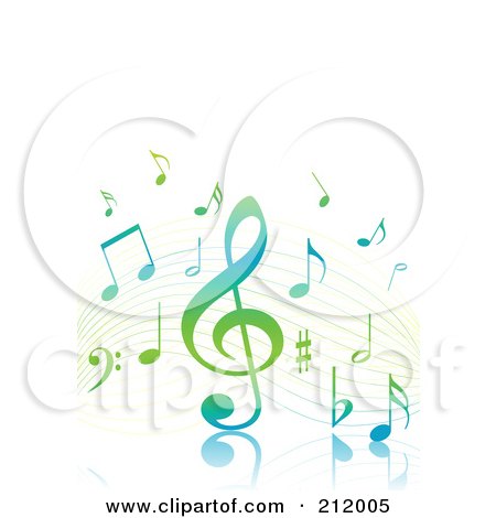 Royalty-Free (RF) Clipart Illustration of a Gradient Wave Of Green And Blue Music Notes by Pushkin