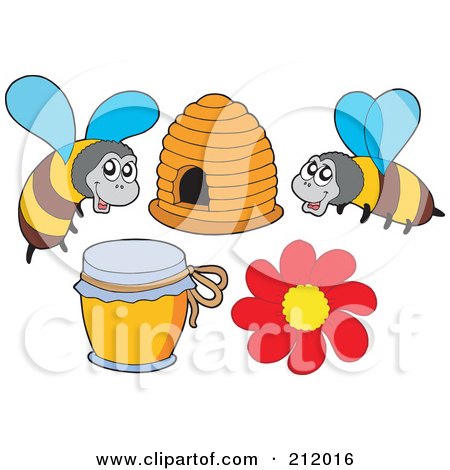 Royalty-Free (RF) Clipart Illustration of a Digital Collage Of Two Bees, Honey A Hive And Flower by visekart