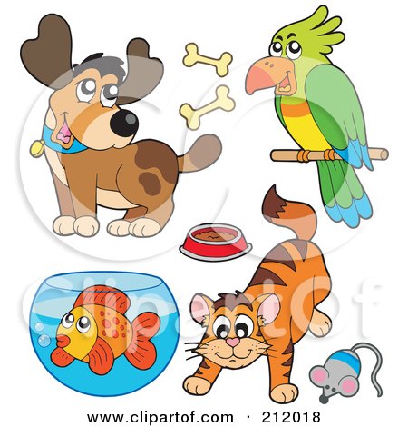 Royalty-Free (RF) Clipart Illustration of a Digital Collage Of A Happy Dog, Parrot, Cat And Fish by visekart