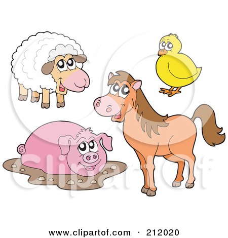 Royalty-Free (RF) Clipart Illustration of a Digital Collage Of A Cute  Sheep, Chick, Muddy Pig And Horse by visekart