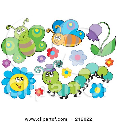 Royalty-Free (RF) Clipart Illustration of a Digital Collage Of Butterflies, Flowers And A Caterpillar by visekart