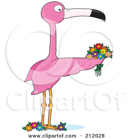 Royalty-Free (RF) Clipart Illustration of a Pink Flamingo Holding Flowers, Forming The Letter F by Maria Bell