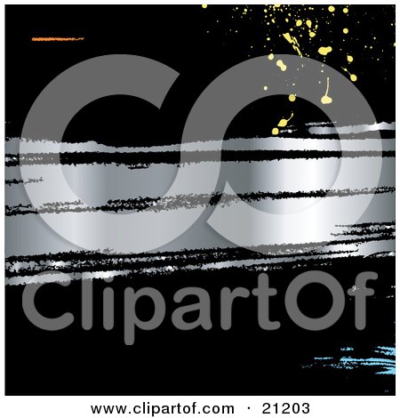 Clipart Illustration of a Black Background With Shiny Chrome And Colorful Grunge Splatters by elaineitalia