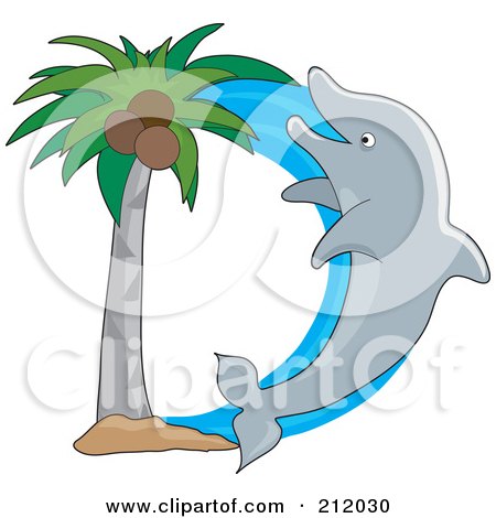 Royalty-Free (RF) Clipart Illustration of a Dolphin And Palm Tree Forming The Letter D by Maria Bell