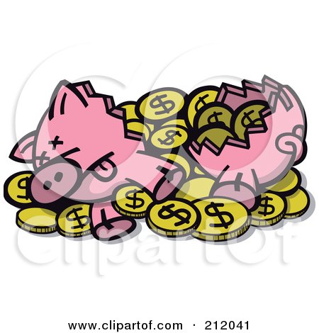 Royalty-Free (RF) Clipart Illustration of a Crushed Piggy Bank With Dollar Coins by Zooco