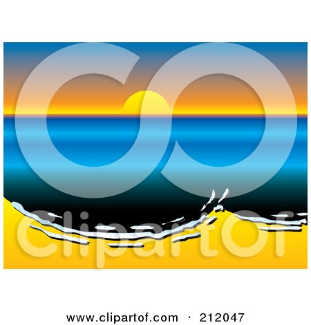 Royalty-Free (RF) Clipart Illustration of a Sun Setting Over Oily Surf Washing Up On A Beach by michaeltravers
