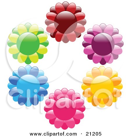Clipart Illustration of Red, Purple, Orange, Pink, Blue And Green Flower Icons In A Circle Over White by elaineitalia