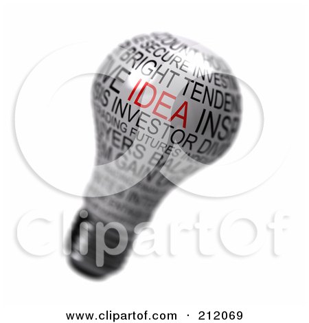 Royalty-Free (RF) Clipart Illustration of a 3d White Light Bulb With Text And The Word Idea In Red by stockillustrations