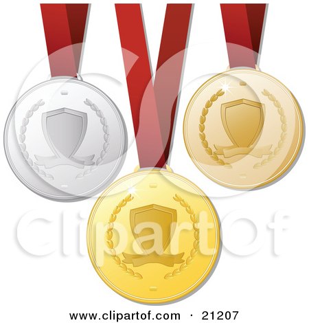 Clipart Illustration of Gold, Bronze And Silver Victory Medals For First, Second And Third Place, Hanging On Red Ribbons by elaineitalia