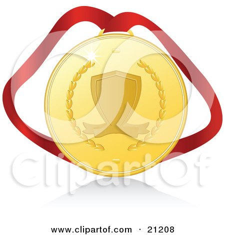 Clipart Illustration of a First Place Gold Medal On A Red Ribbon With A Shadow Over A White Background, Symbolizing Victory by elaineitalia