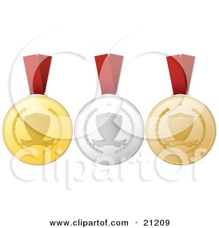 Clipart Illustration of Three Achievement Medals On Red Ribbons, One Gold, One Silver, One Bronze by elaineitalia