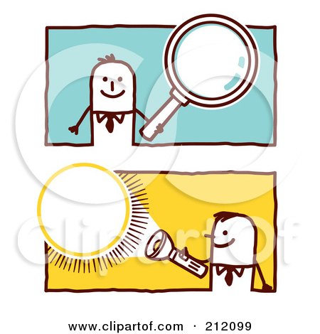 Royalty-Free (RF) Clipart Illustration of a Digital Collage Of Stick Business Men With A Magnifying Glass And Flashlight by NL shop