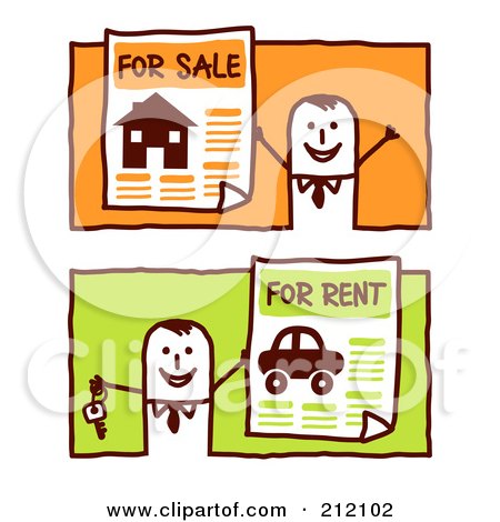 Royalty-Free (RF) Clipart Illustration of a Digital Collage Of Stick Business Men With For Sale And For Rent Signs by NL shop