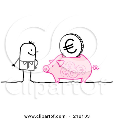 Royalty-Free (RF) Clipart Illustration of a Stick Businessman With A Euro Coin In A Piggy Bank by NL shop