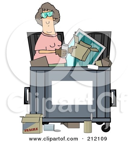 Royalty-Free (RF) Clipart Illustration of a Woman Standing Inside A Dumpster, With A Blank Sign For Text Space On The Front by djart