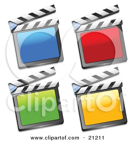 Clipart Illustration of a Collection Of Blue, Red, Green And Yellow Movie Clapperboards On A White Background by elaineitalia