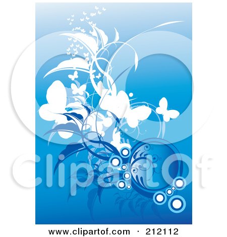 Royalty-Free (RF) Clipart Illustration of a Background Of Butterflies, Bubbles And Foliage On Blue by YUHAIZAN YUNUS