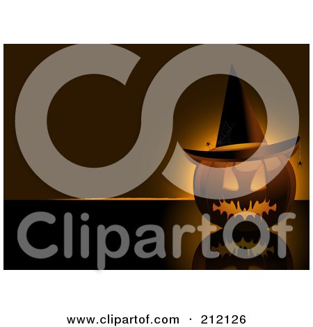 Royalty-Free (RF) Clipart Illustration of a Creepy Jackolantern Wearing A Witch Hat On A Reflective Background by elaineitalia