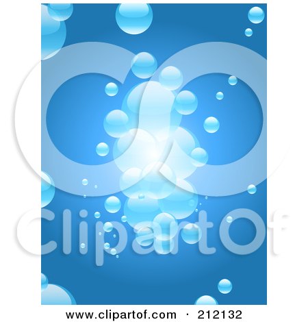Royalty-Free (RF) Clipart Illustration of a Blue Background With A Cluster Of Floating Bubbles by elaineitalia