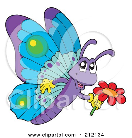 Royalty-Free (RF) Clipart Illustration of a Cute Purple And Blue Butterfly With A Flower by visekart
