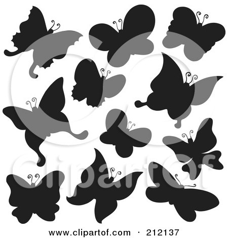 Royalty-Free (RF) Clipart Illustration of a Digital Collage Of Black Butterfly Silhouettes by visekart