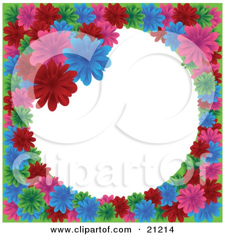 Clipart Illustration of a Circular Floral Frame Of Red, Pink, Green And Blue Daisies Over White by elaineitalia