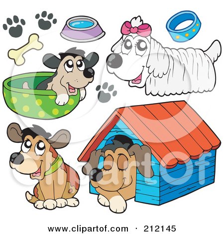 Royalty-Free (RF) Clipart Illustration of a Digital Collage Of Four Dogs, Bones, Dishes, Collars And A Dog House by visekart
