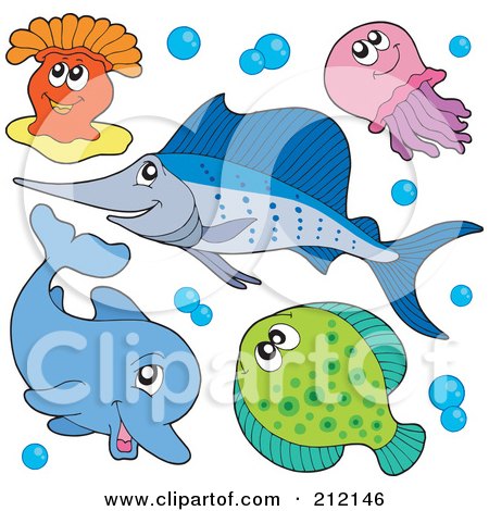 Royalty-Free (RF) Clipart Illustration of a Digital Collage Of A Happy Anemone, Jellyfish, Marlin, Dolphin And Halibut by visekart