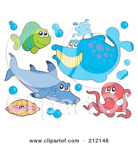 Royalty-Free (RF) Clipart Illustration of a Digital Collage Of A Fish, Shark, Whale, Clam And Octopus by visekart