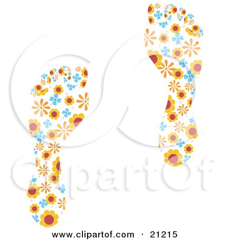 Clipart Illustration of Two Footprints With Retro Orange And Blue Flower Patterns On A White Background by elaineitalia