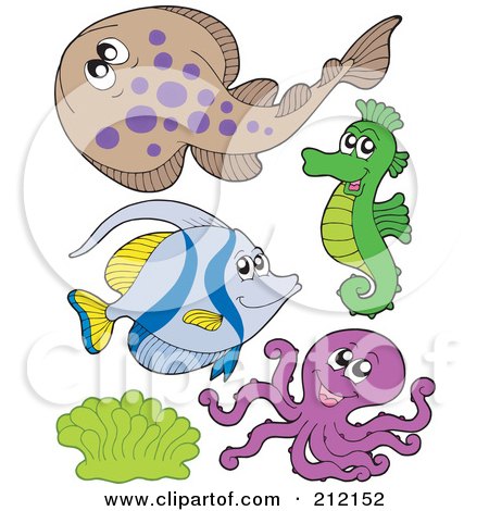 Royalty-Free (RF) Clipart Illustration of a Digital Collage Of A Halibut, Fish, Seahorse, Octopus And Corals by visekart