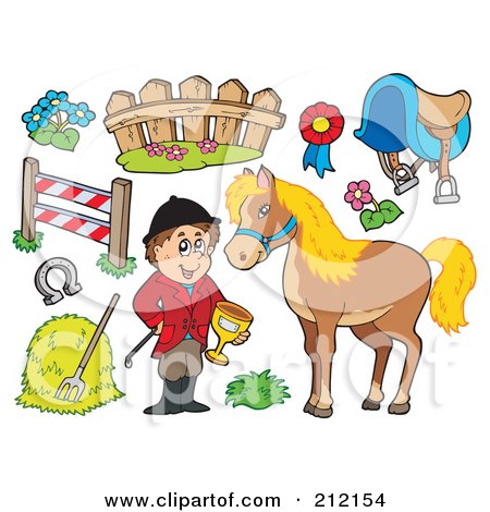 Royalty-Free (RF) Clipart Illustration of a Digital Collage Of An Equestrian With A Horse And Items by visekart