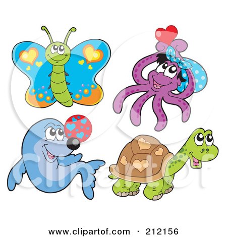 Royalty-Free (RF) Clipart Illustration of a Digital Collage Of A Butterfly, Octopus, Seal And Tortoise by visekart