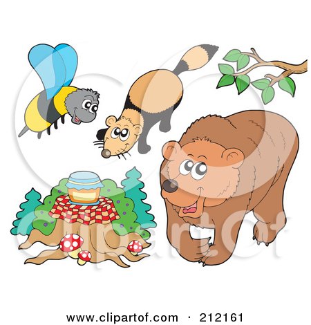 Royalty-Free (RF) Clipart Illustration of a Digital Collage Of A Bee With Honey, Mink And Bear by visekart