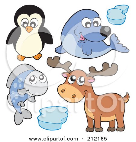 Royalty-Free (RF) Clipart Illustration of a Digital Collage Of A Seal, Deer, Fish, Penguin And Ice by visekart
